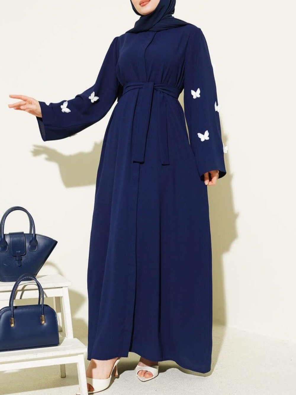 Navy Blue Abaya Pearl Butterfly Sleeves Belted Front Modest XL NWT